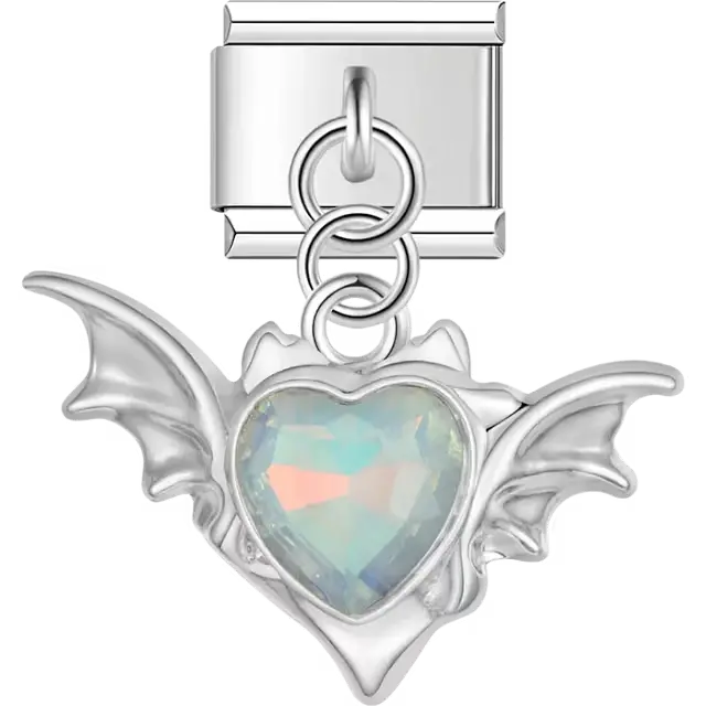 Bat wings with iridescent crystal heart dangle Italian charm bracelet link