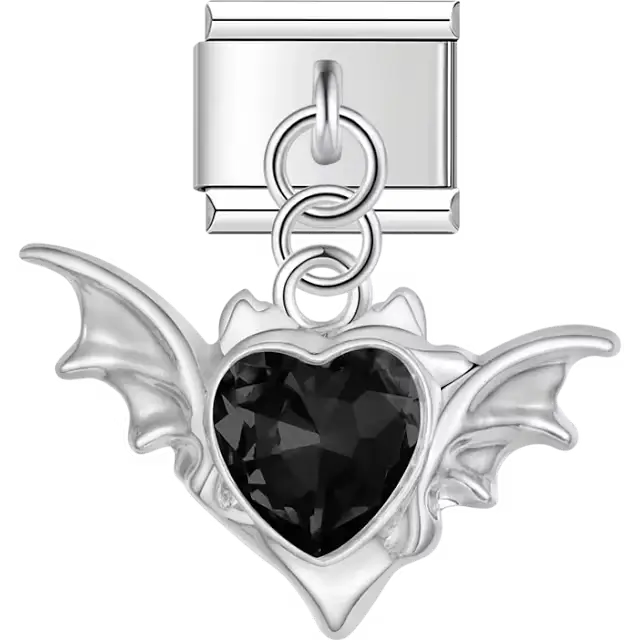 Bat with black crystal heart dangle Italian charm bracelet link