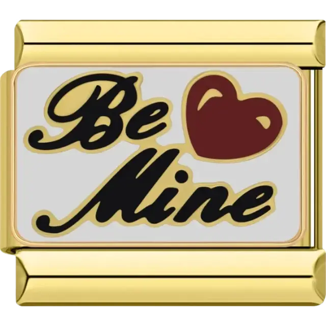 "Be Mine" text with a red heart design on a gold-plated Italian charm bracelet link