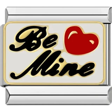 "Be Mine" text with a red heart design on a gold-plated Italian charm bracelet link