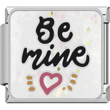 "Be Mine" text in black with a pink heart and confetti-patterned background Italian charm bracelet link