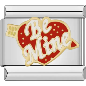Red heart with gold arrow and white "Be Mine" text Italian charm bracelet link