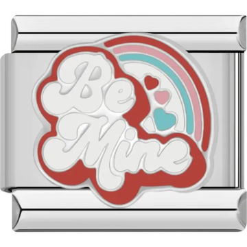 “Be Mine” text with red, pink, and blue hearts and rainbow Italian charm bracelet link