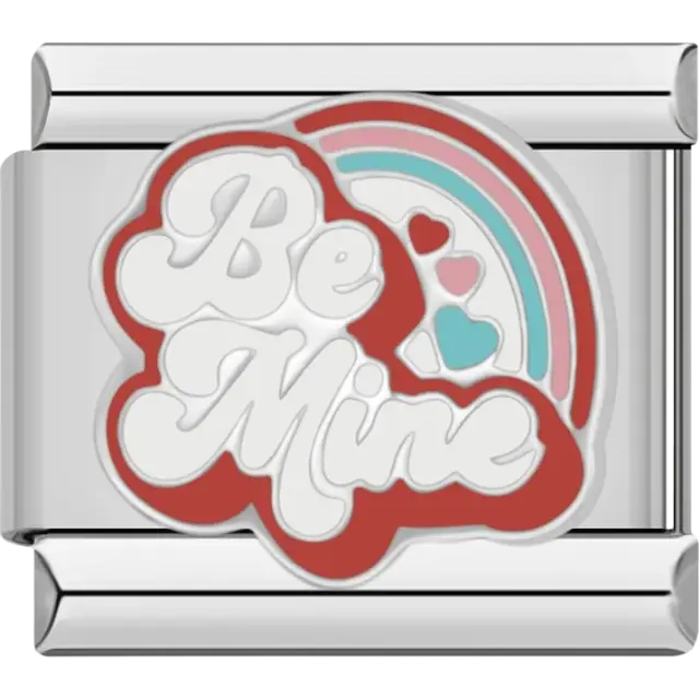 “Be Mine” text with red, pink, and blue hearts and rainbow Italian charm bracelet link