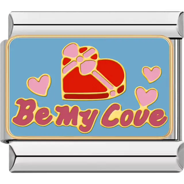 Red heart with pink bow and "Be My Love" text with heart accents on blue background Italian charm bracelet link