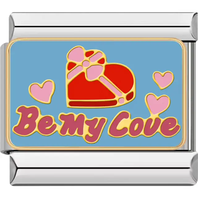Red heart with pink bow and "Be My Love" text with heart accents on blue background Italian charm bracelet link