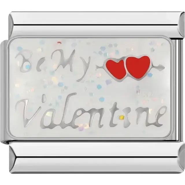 Romantic charm featuring the text "Be My Valentine" with two red hearts on a glittery white background Italian charm bracelet link