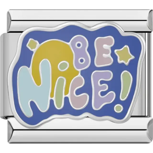 “Be Nice!” text with pastel colors and a yellow sun on a blue background Italian charm bracelet link