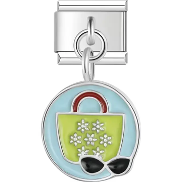 Green beach bag with floral details and black sunglasses on a blue background Italian charm bracelet link