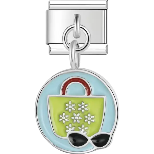 Green beach bag with floral details and black sunglasses on a blue background Italian charm bracelet link