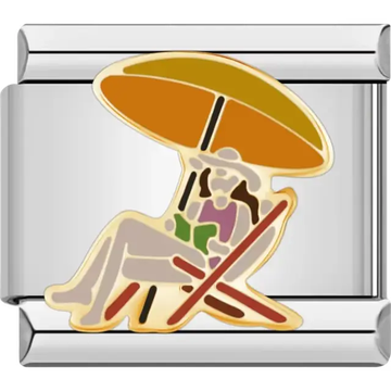 Relaxing figure sitting on a red beach chair under an orange umbrella Italian charm bracelet link