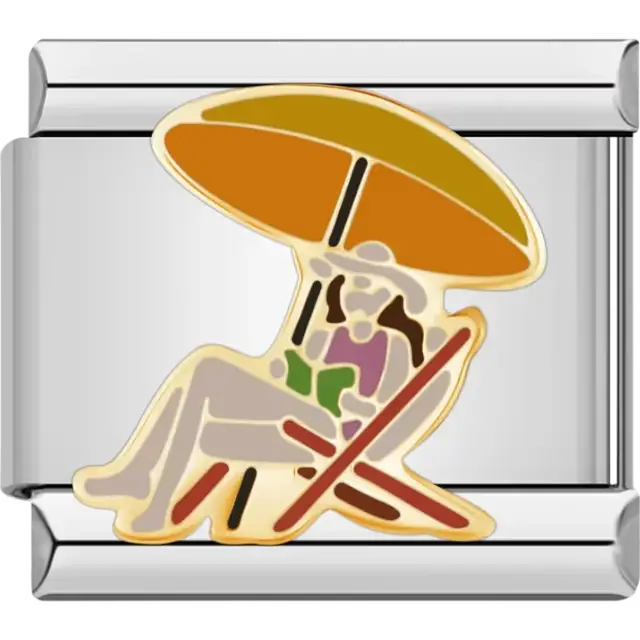 Relaxing figure sitting on a red beach chair under an orange umbrella Italian charm bracelet link