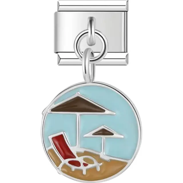 Red lounge chair with brown umbrellas on a sandy beach and blue sky background Italian charm bracelet link