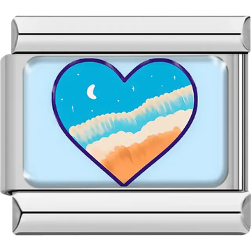 Blue heart with beach scene and moon Italian charm bracelet link