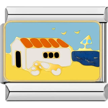 Beach house with an orange roof, blue ocean, and a sunny background Italian charm bracelet link