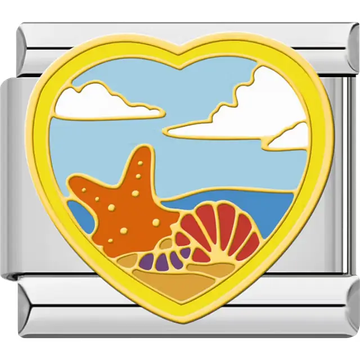 Orange starfish with red seashells on blue ocean background with clouds heart shape Italian charm bracelet link