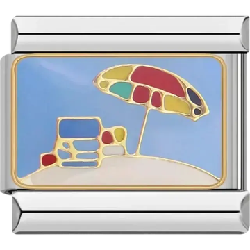 Beach chair and colorful umbrella design on a gold-plated Italian charm bracelet link