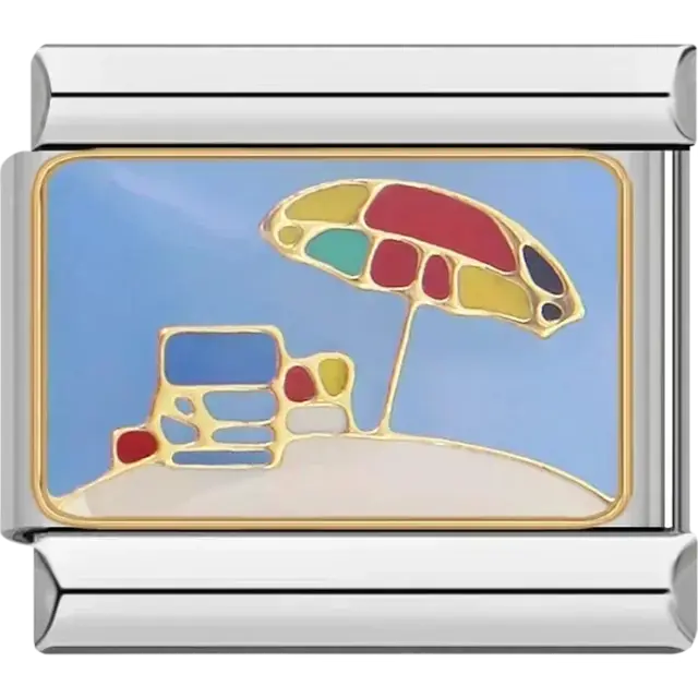 Beach chair and colorful umbrella design on a gold-plated Italian charm bracelet link