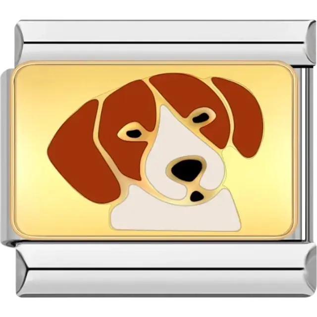 Beagle dog head in brown white and gold outline Italian charm bracelet link