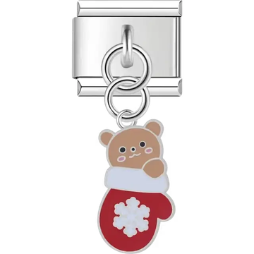 Brown bear with rosy cheeks in red mitten with white snowflake on dangle Italian charm bracelet link