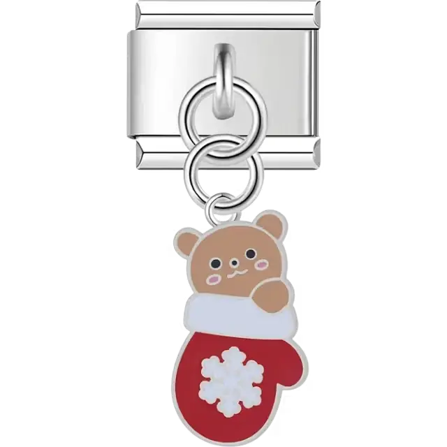 Brown bear with rosy cheeks in red mitten with white snowflake on dangle Italian charm bracelet link