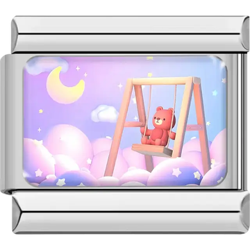 Red bear on wooden swing surrounded by pink clouds yellow crescent moon and stars on pastel background Italian charm bracelet link