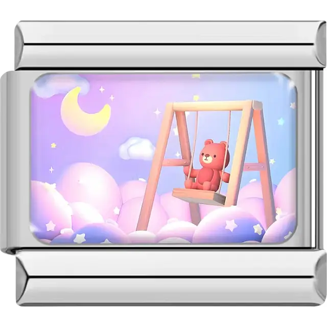 Red bear on wooden swing surrounded by pink clouds yellow crescent moon and stars on pastel background Italian charm bracelet link