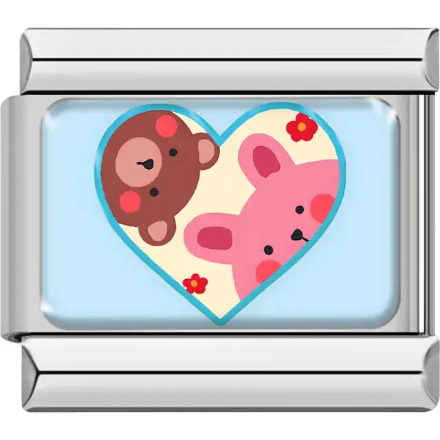 Blue heart with brown bear and pink pig Italian charm bracelet link