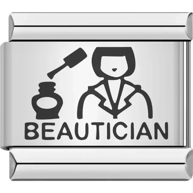 Black beautician figure with nail polish bottle and brush above bold "BEAUTICIAN" text Italian charm bracelet link