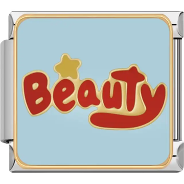Red and gold "Beauty" text with a gold star on a light blue background Italian charm bracelet link