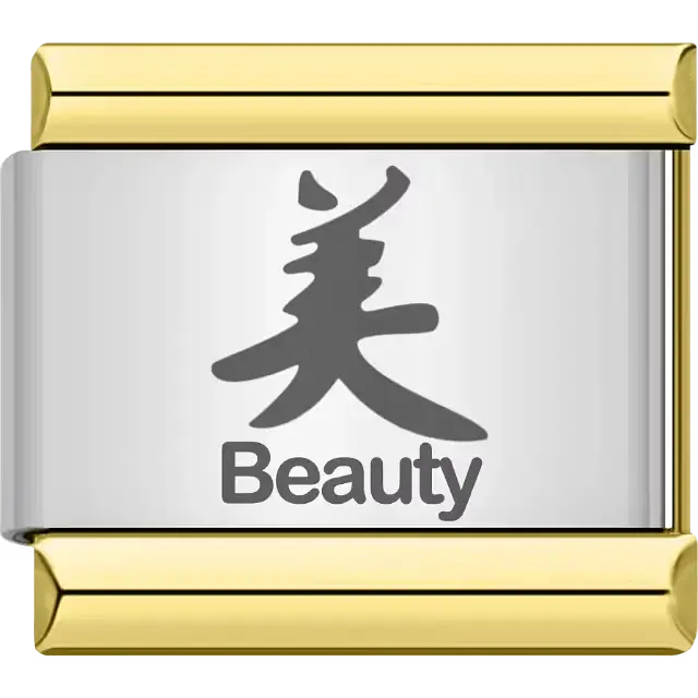 Kanji symbol for "Beauty" in black with small English text Italian charm bracelet link