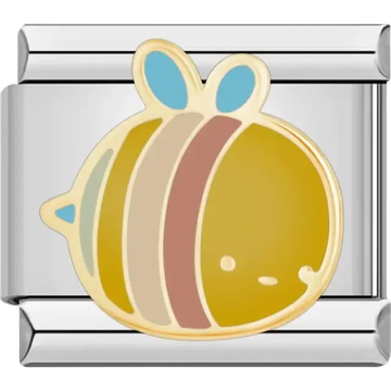 Yellow and brown bee with blue wings and a smiling face Italian charm bracelet link