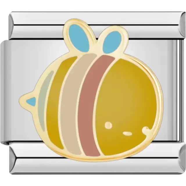 Yellow and brown bee with blue wings and a smiling face Italian charm bracelet link