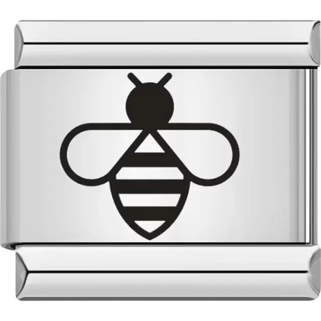 Black outline of a bee with striped body and wings Italian charm bracelet link