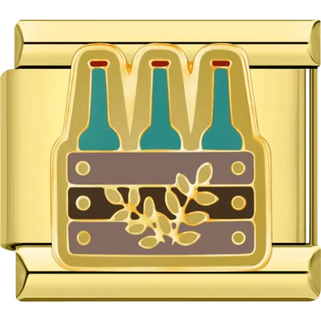 Gold beer crate design featuring blue bottles and hops detailing Italian charm bracelet link