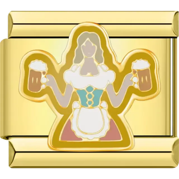 Beer maiden design inspired by Germany's Oktoberfest, featuring a woman holding two frothy beer mugs in traditional attire with gold accents Italian charm bracelet link