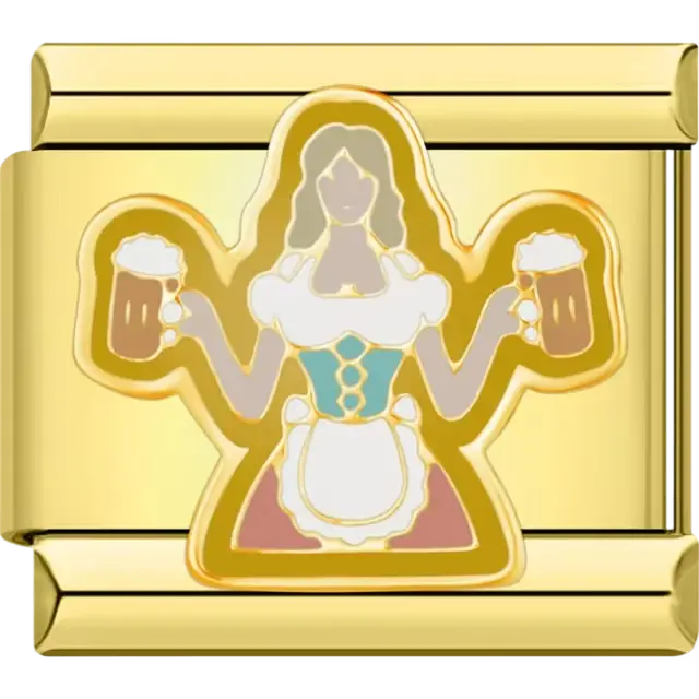 Beer maiden design inspired by Germany's Oktoberfest, featuring a woman holding two frothy beer mugs in traditional attire with gold accents Italian charm bracelet link