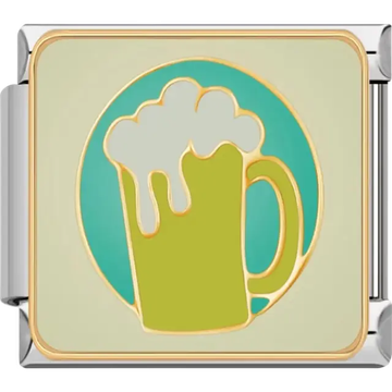 Green beer mug with foam design on a teal background Italian charm bracelet link
