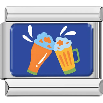 Two beer glasses with foam cheers on blue background Italian charm bracelet link