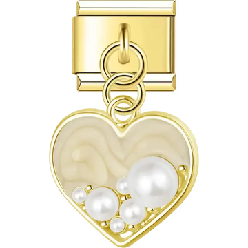Gold outline heart with beige enamel and assorted pearls dangle Italian charm bracelet link