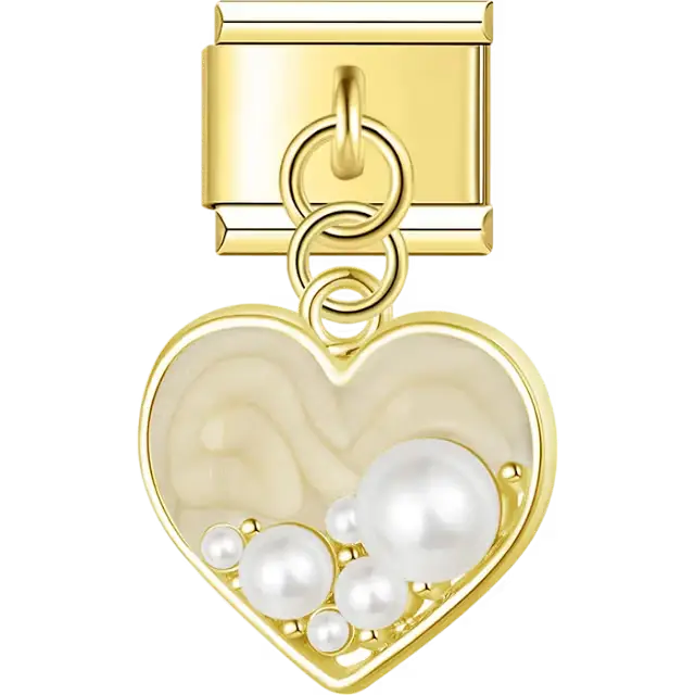 Gold outline heart with beige enamel and assorted pearls dangle Italian charm bracelet link