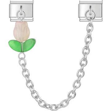 Beige tulip with green leaves connected by chain Italian charm bracelet link