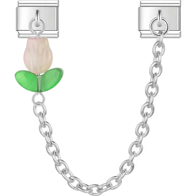 Beige tulip with green leaves connected by chain Italian charm bracelet link