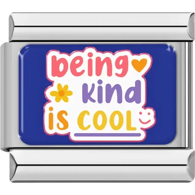 Multicolored words "Being Kind Is Cool" with heart flower and smiley face on blue background Italian charm bracelet link