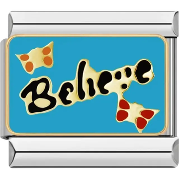 Blue background with “Believe” text and colorful butterflies Italian charm bracelet link