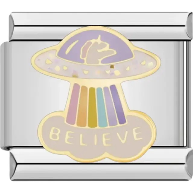 Gold UFO with a unicorn pastel beam and "BELIEVE" text Italian charm bracelet link