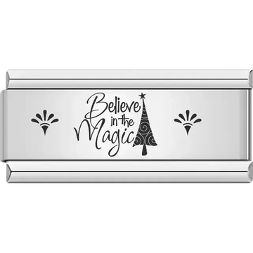Black text "Believe in the Magic" with a decorative tree and accent symbols Italian charm bracelet link