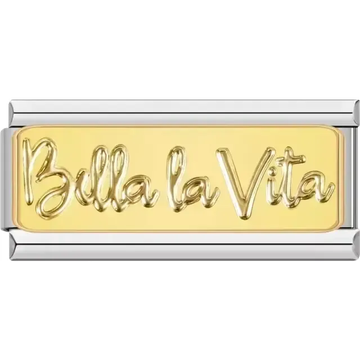 Gold "Bella la Vita" text on a rectangular surface Italian charm bracelet link