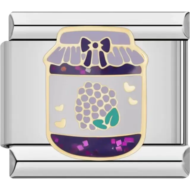 Purple glitter berry jam jar design with bow and leaf accents Italian charm bracelet link