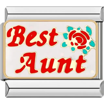 Red "Best Aunt" text with a red rose and turquoise leaves on a white background Italian charm bracelet link